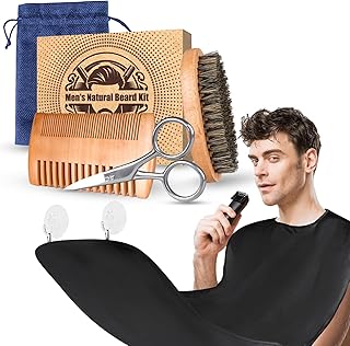 Husband Dad Men Gifts for Fathers Day, Beard Brush Mustache Comb Beard Scissors & Beard Bib Apron Hair Trimming Catcher, Natural Boar Bristle Brush & Dual Action Comb, Beard Care Kit Grooming Set