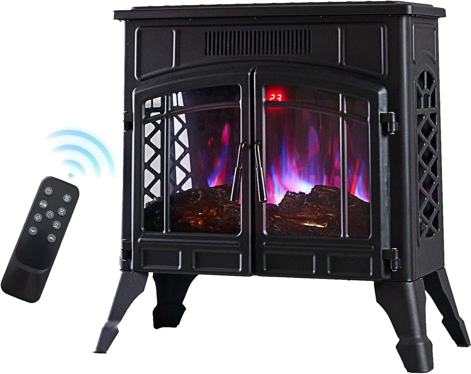 INMOZATA Free Standing Electric Fire Stove with Remote Control, 12 Colors LED Log Flame Effect, 3 Heater Modes 900W/1800W/ECO, Adjustable Thermostat, Dimmer, Overheat Protection, Child-Lock Protection
