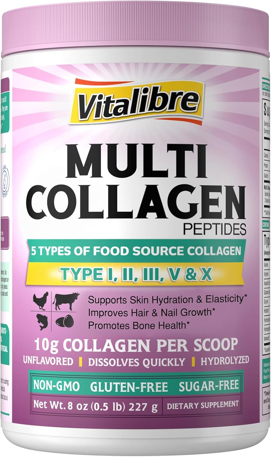 Multi Collagen Peptides Powder Type I II III V X, Hydrolyzed Collagen Protein for Women and Men, Skin, Hair, Nails, Unflavored, Non-GMO, Keto & GF, Zero Sugar, 22 Servings, 8oz