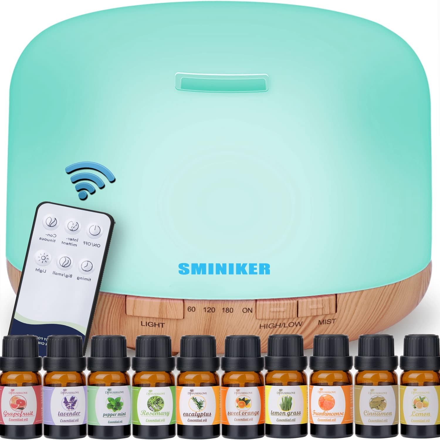 Sminiker Diffuser 500ML Essential Oil Diffuser Adjustable Mist Mode and Waterless Auto Shut-Off with Wireless Remote, 7 LED Light Colors Diffusers for Home