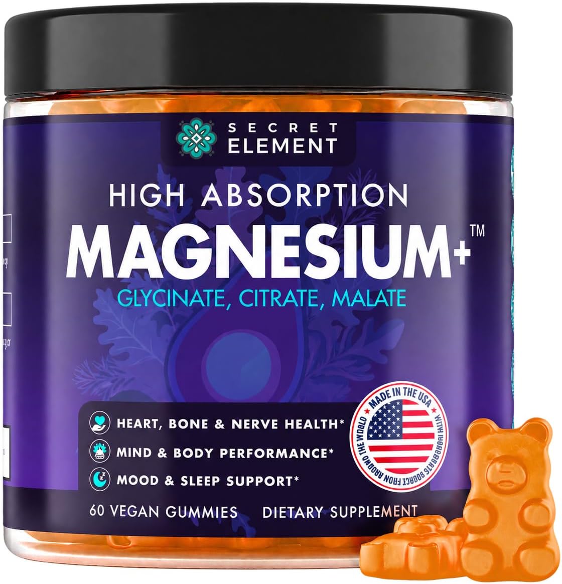 Secret Element Magnesium Glycinate Gummies, Malate, Citrate, Orange, 60 Ct