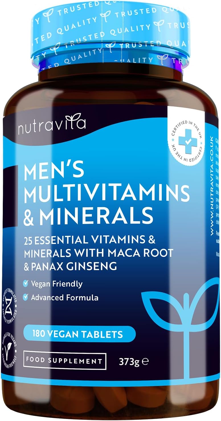 Men's Multivitamins and Minerals - 25 Essential Active Vitamins and Minerals with Added Maca Root and Panax Ginseng - Multivitamin Tablets for Men - 180 Vegan Tablets - Made in The UK by Nutravita