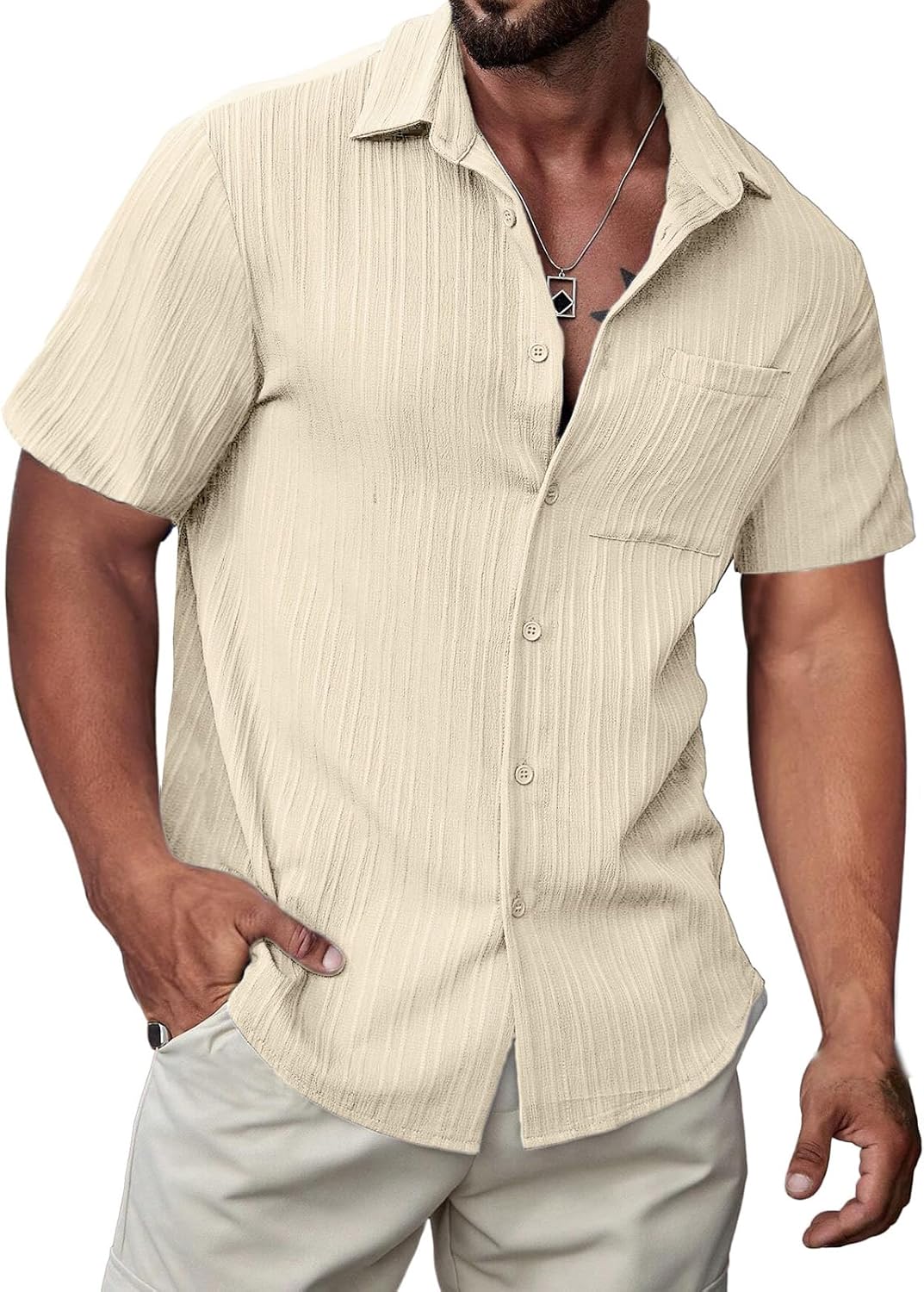 Meilicloth Mens Casual Short Sleeved Shirts Button Down Summer Beach Holiday Textured Shirts with Pockets