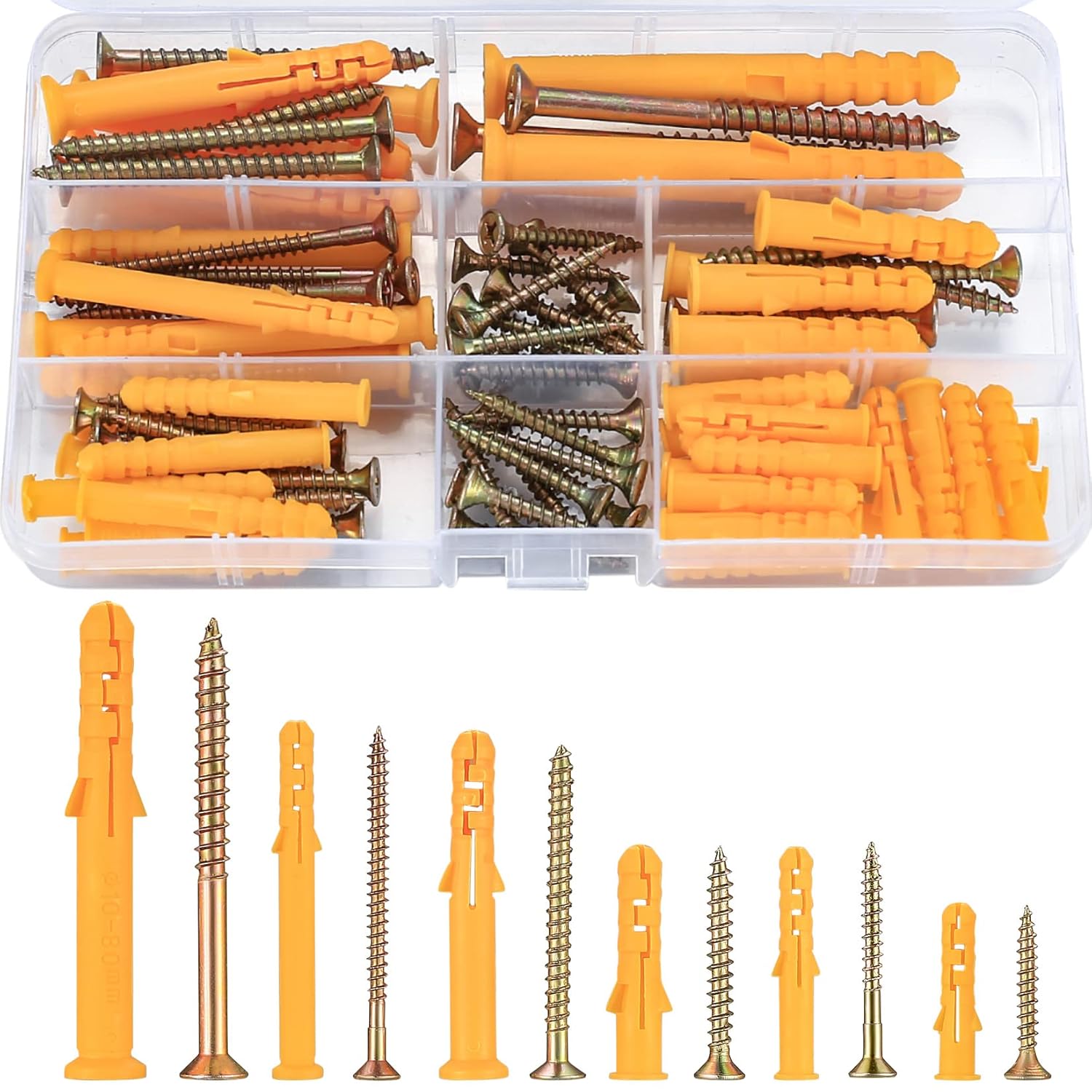 88 Pcs Wall Plugs and Screws Set(44 Masonry Self Tapping Screws, 44 Expansion Pipe Anchor Bolts), M6/M8/M10 Heavy Duty Wood Screw and Wall Plugs Kit for Brick, Concrete, Masonry, Drywall