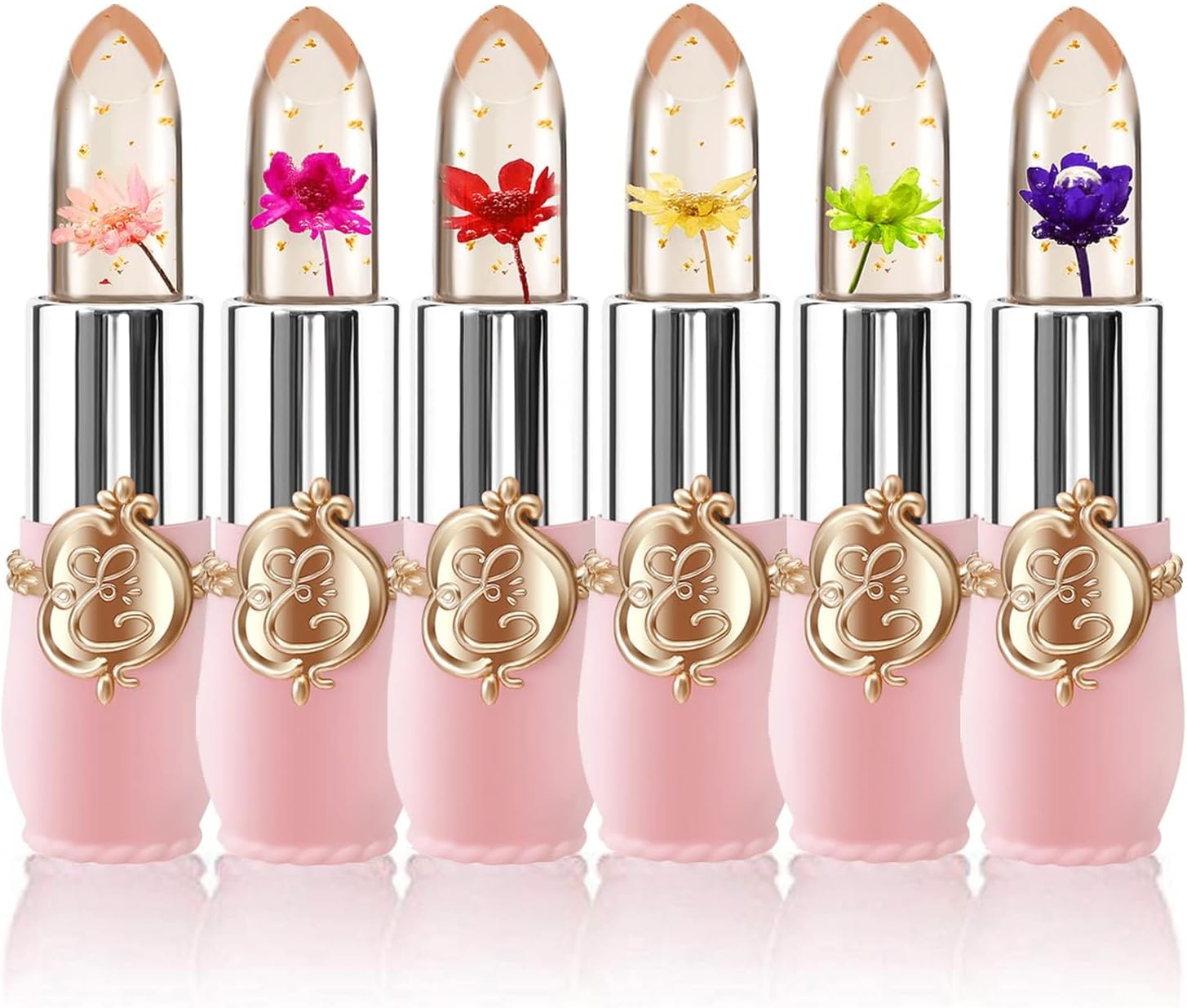 6 Packs Flower Jelly Lipstick Set Magic Temperature Color Change Lip Balm Long Lasting Moisturizer Lip Gloss Flower Jelly Lipstick Makeup Set (6PCS Set A)