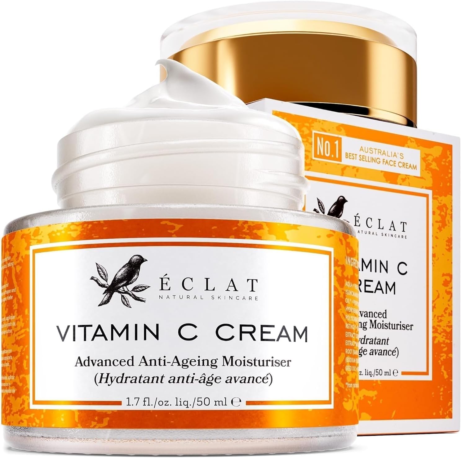 E-c-l-at Vitamin C Face Cream with 2.5% Hyaluronic Acid + Retinol, Advanced Anti-Ageing Moisturiser, Vitamin C & Jojoba Oil, Dark Spot Remover, Brightening Cream, 50ml