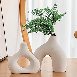 White Ceramic Vase Set of 2 for Modern Home Decor, Round Matte Donut Vases for Pampas Grass, Neutral Boho Nordic Minimalism Style Flower Vases for Living Room Wedding Table Party Office Bedroom