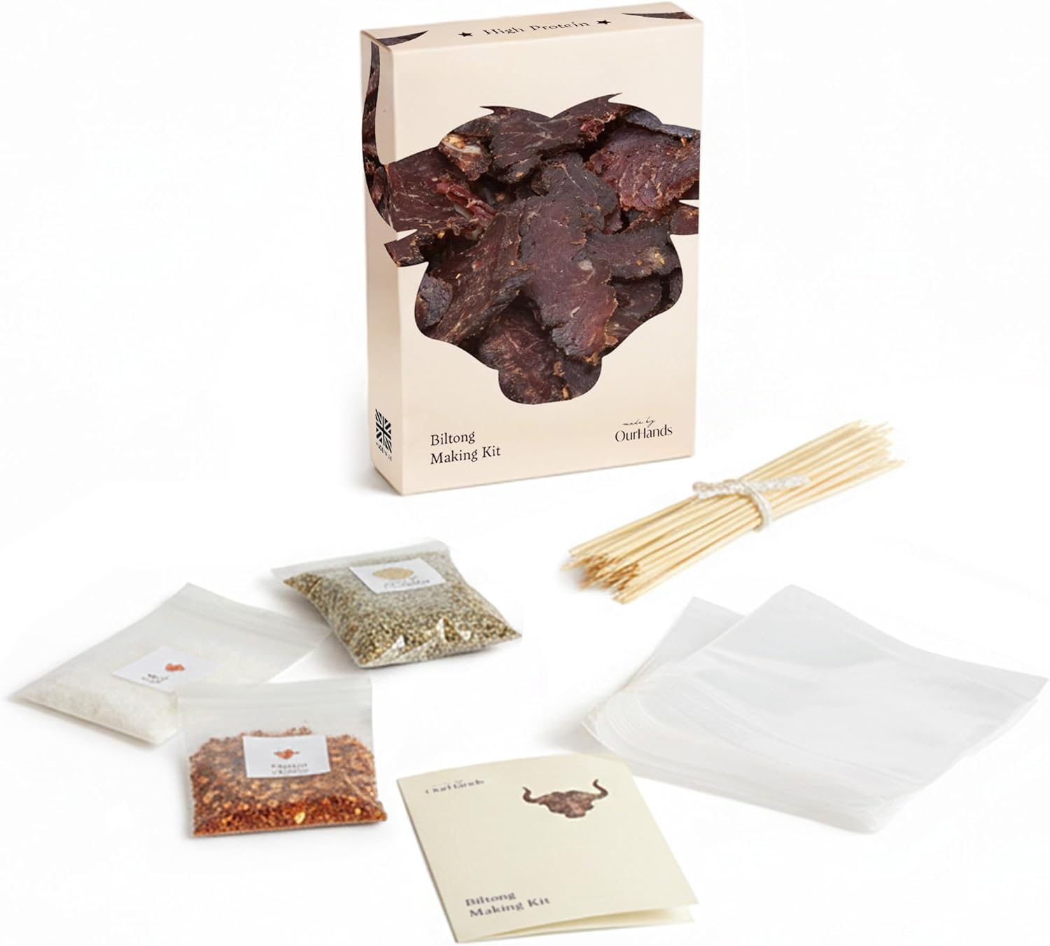 Biltong Making Kit by OurHands - Make Your Own Biltong with Seasoning, Spices, and Step-By-Step Instructions - Makes 3 Different Recipes