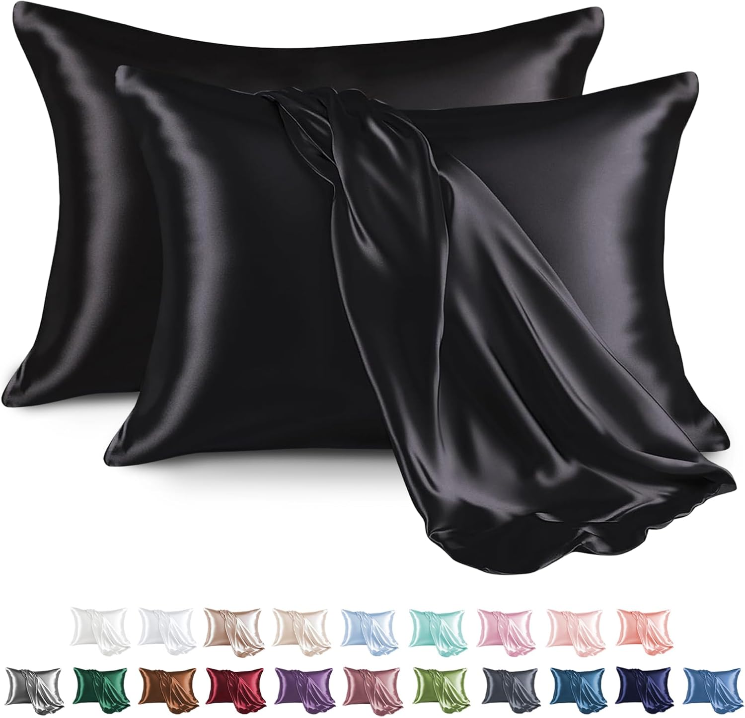MR&HM Satin Pillowcase for Hair and Skin, Silk Satin Pillowcase 2 Pack, Queen Size Pillow Cases Set of 2, Silky Pillow Cover with Envelope Closure (20x30, Black)