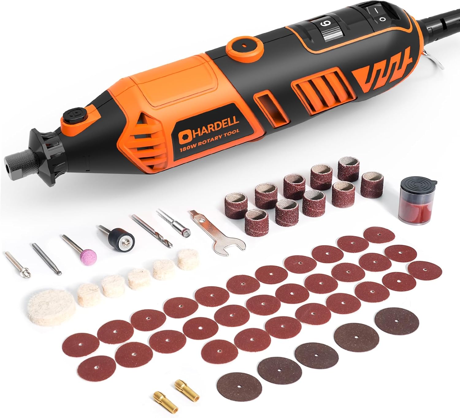 HARDELL Rotary Tool Kit - 180W Corded Power Rotary Tool 6 Variable Speeds with 61 Accessories, 8000-35000RPM, for Sanding, Polishing, Cutting, Engraving,Carving, DIY Crafts