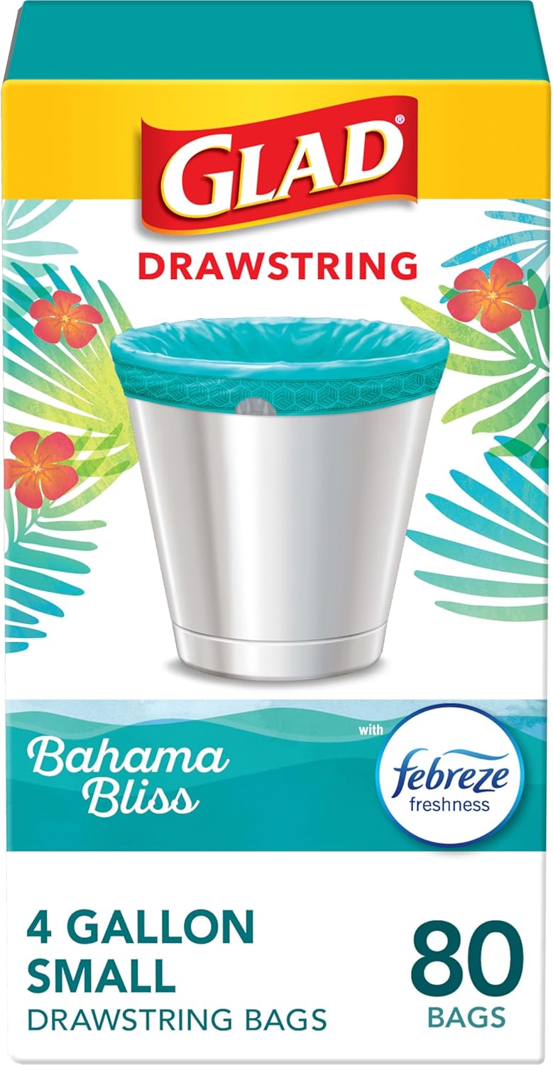 Glad Odorshield Small Drawstring Trash Bags, 4 Gal, Febreze Bahama Bliss, 80 Ct, Pack May Vary