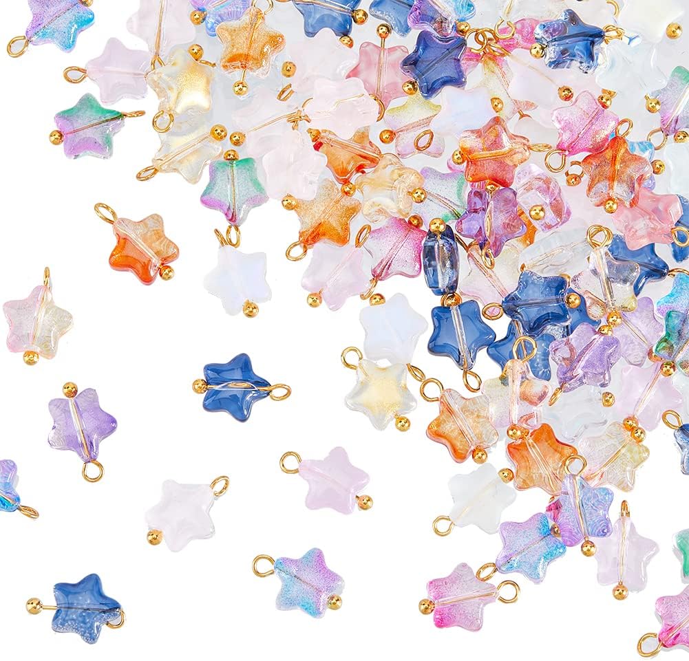 HOBBIESAY 100Pcs Small Colorful Star Dangle Charms Mixed Color Dangle Glass Pendants Pentagram Tiny Smooth Charms End Drop Beads with Golden Brass Loop for DIY Jewelry Making Hole 1.6mm