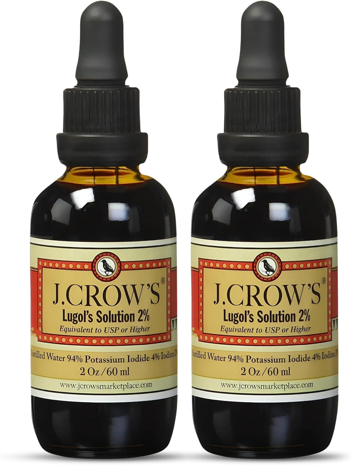J.CROW'S® Lugol's Solution of Iodine 2% 2 oz (2 Bottle) – Premium Iodine & Potassium Iodide Liquid, Gluten &, Alcohol-Free Natural Brine Extract, No Expiration