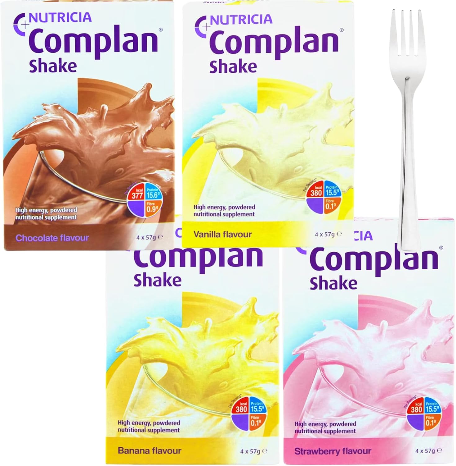 Nutritional Drinks Bundle - Variety Pack of Strawberry, Chocolate, Banana, and Vanilla Flavoured Mix at Home Powders with Mixing Fork - 16 x 57g Sachets