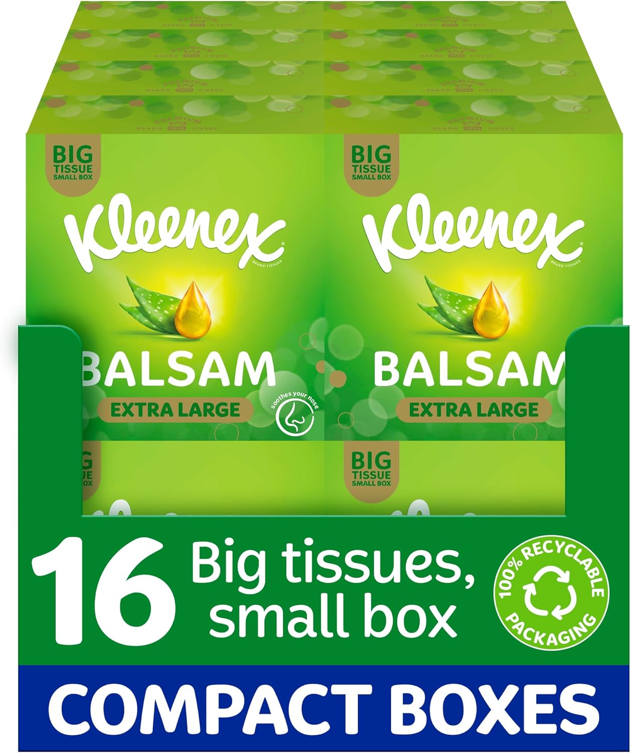 Kleenex® Balsam Extra Large Tissues in 16 Compact Boxes - Protect and Soothe Your Nose When You've Got a Cold - BalmCare with Aloe Vera, Vitamin E and Calendula, 640 Tissues (16 Boxes)