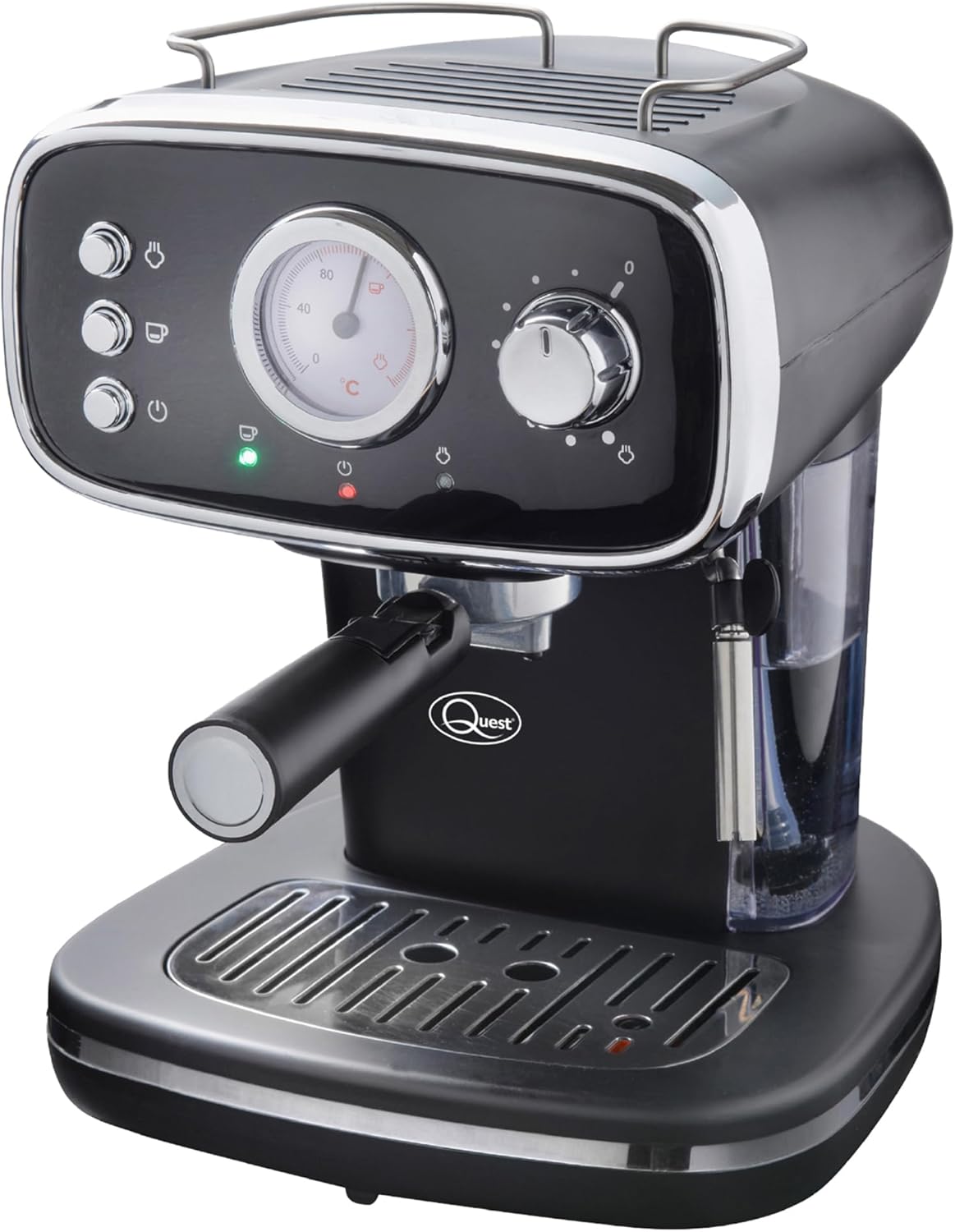 Quest 36569 Espresso Coffee Machine With Milk Frother / 1.2L Water Tank and Drip Tray/Steam Ready and Temperature Indicator/For Ground Coffee Beans / 15 Bars of Pressure