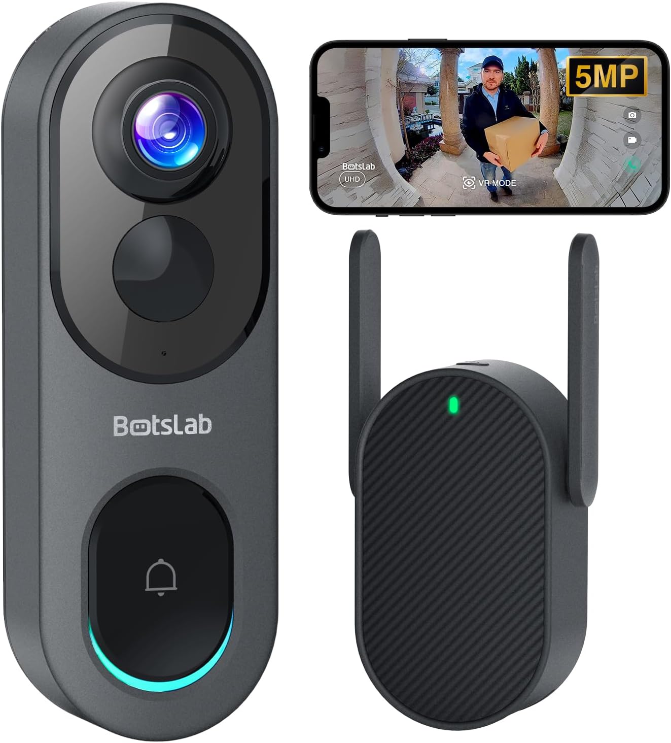 5MP Wireless Video Doorbell Camera, No Monthly Fee, 5GHz WiFi, 180° Head-to-Toe View, AI Motion Detection, VR Mode, Battery or Wired Powered, Easy Installation, Weatherproof