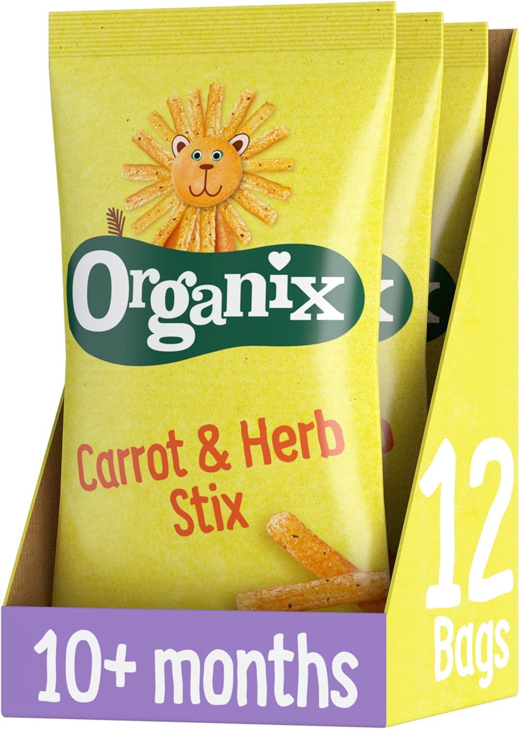 Organix Carrot Stix Organic Toddler Snack, Finger Food, Corn Puffs, 10+ Months, Multipack, 4 x 15 g Bags Per Pack (3 Packs Total)