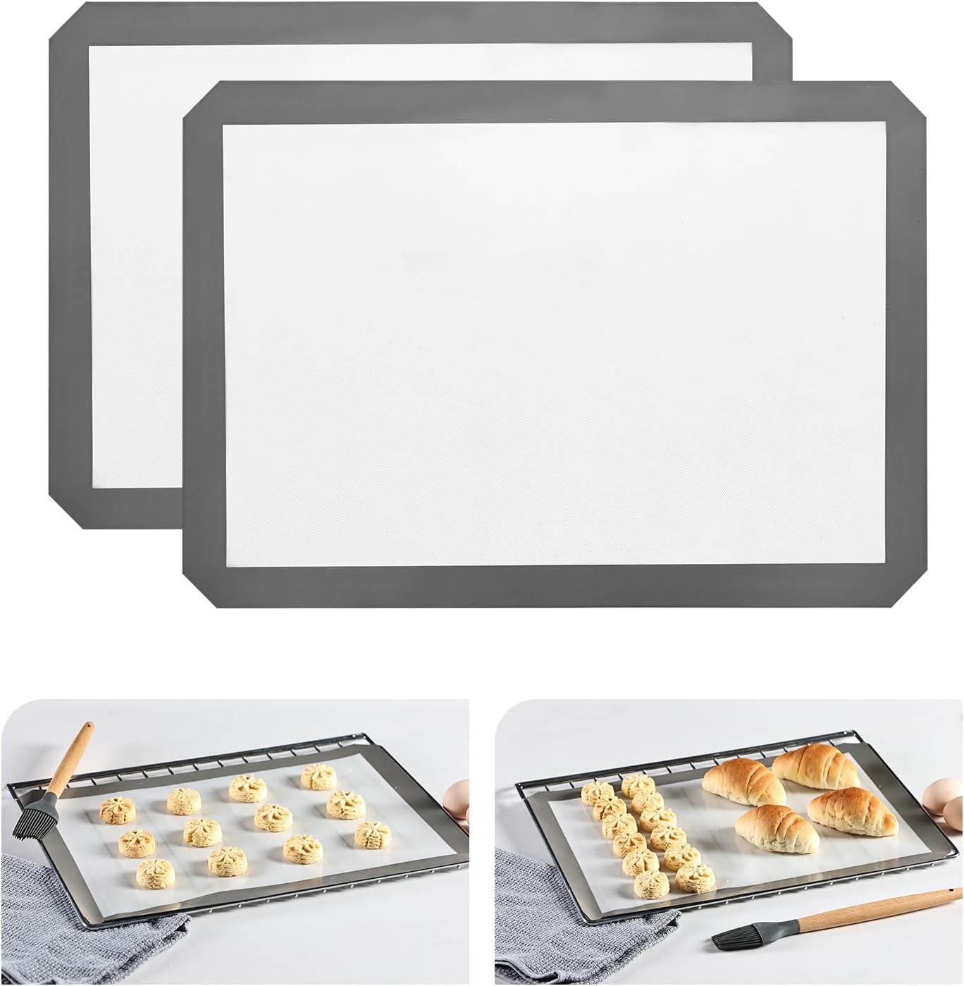 KitchenRaku Silicone Baking Mat, 16.5"x11.6" (42 x 29.5 cm) Non Stick Reusable Silicone Cooking Mat, BPA Free Baking Sheet for Cookies, Macarons Bread & Pastry, Toaster Pad Set of 2