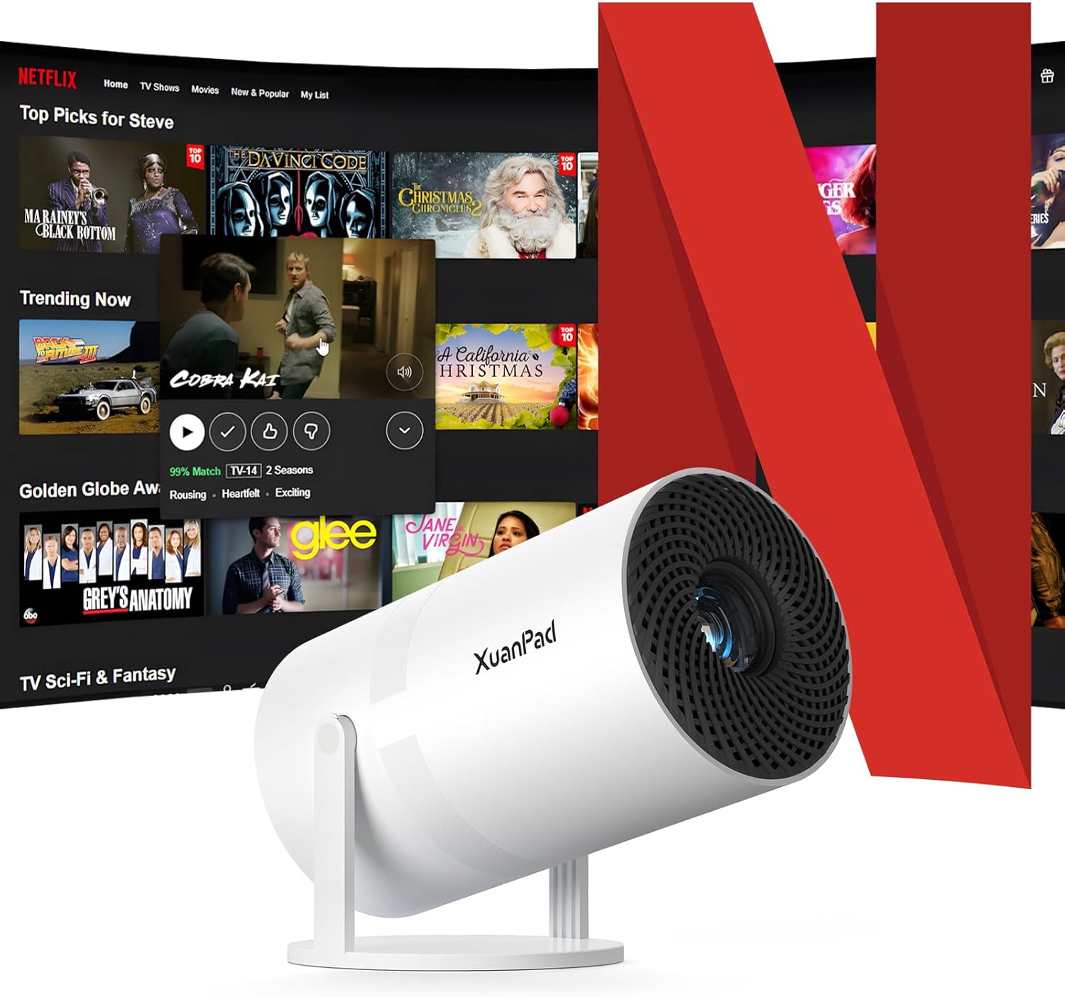 [Official Netflix Certified & Electric Focus] Mini Projector – WiFi & Bluetooth, XuanPad 1080P Supported, Portable Projector with 210° Rotatable Stand, Auto Keystone, Dust Removal & Cooling Design