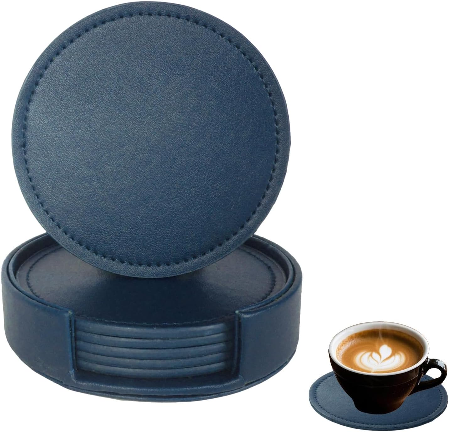 Bdfgh Set of 6 Leather Coasters with 1 Holder for Drinks, Drink Coasters Table Coaster Room/Kitchen/Living Room Accessories, for Cups Mugs Housewarming Gifts Home Decoration Green Navy Black (Navy)