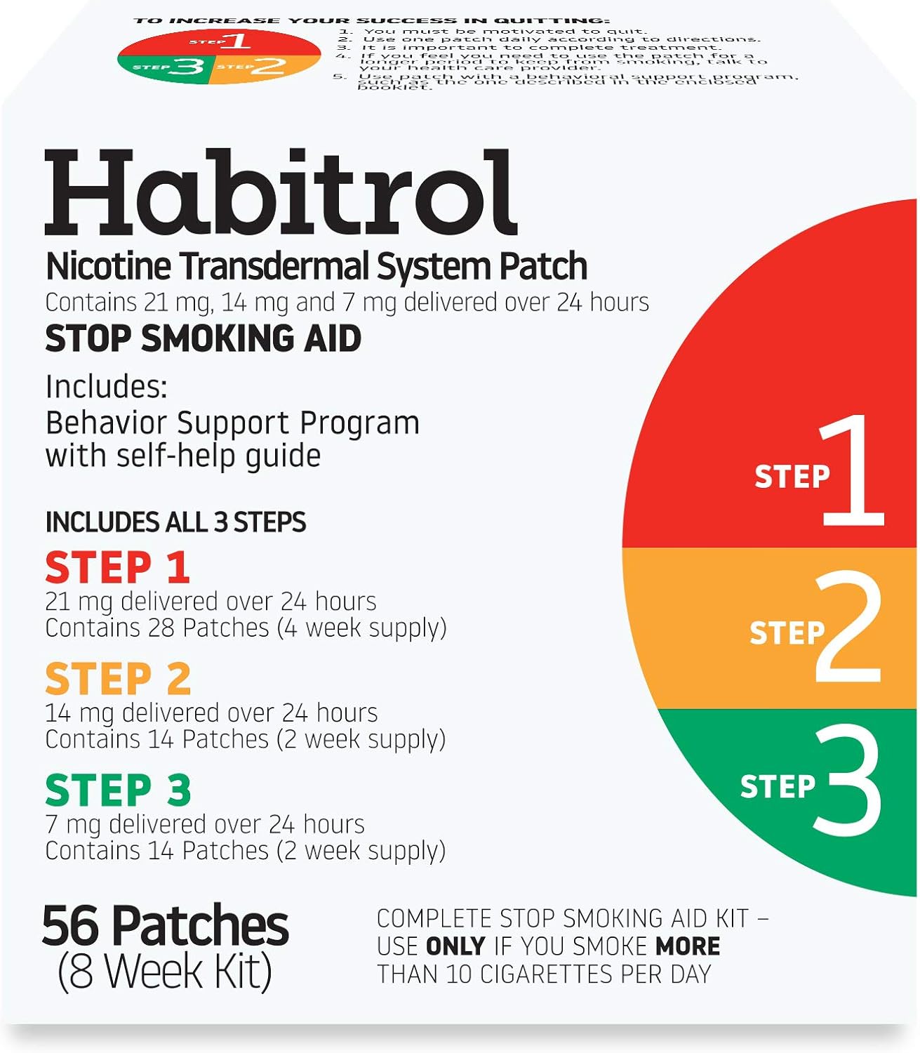 Habitrol Nicotine Transdermal System Patch | Stop Smoking Aid | Steps 1, 2, and 3 (21, 14, and 7 mg) | 56 Patches (8 Week Kit)
