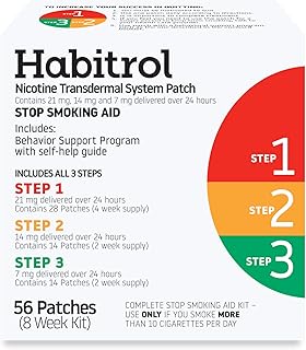 Habitrol Nicotine Transdermal System Patch | Stop Smoking Aid | Steps 1, 2, and 3 (21, 14, and 7 mg) | 56 Patches (8 Week Kit)
