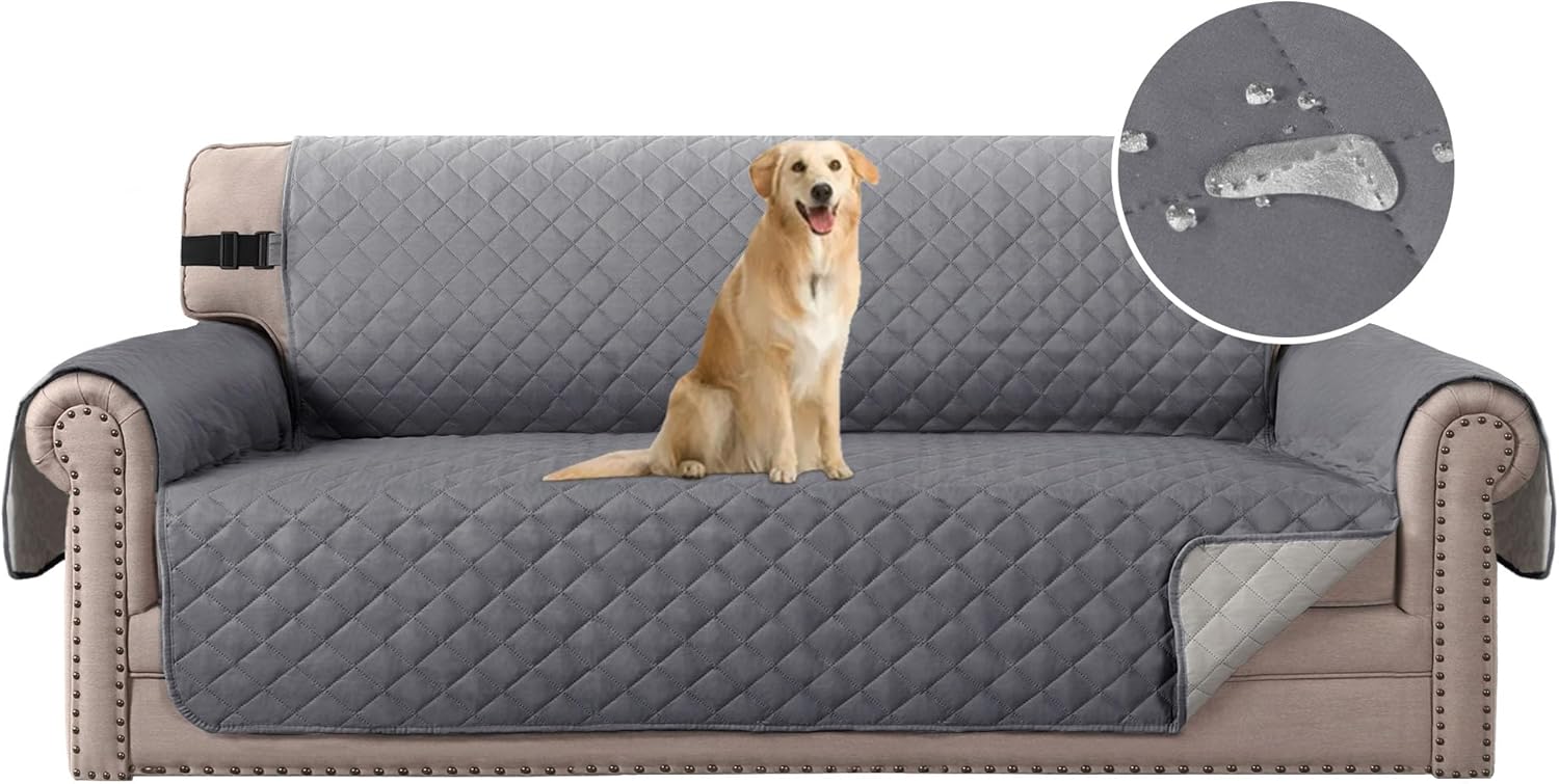 H.Versailtex Sofa Cover for Pets, Water Resistant Sofa Slipcover 3 Seater for Kids, Machine Washable Quilted Sofa Couch Covers with Adjustable Elastic Straps(Grey/Beige)
