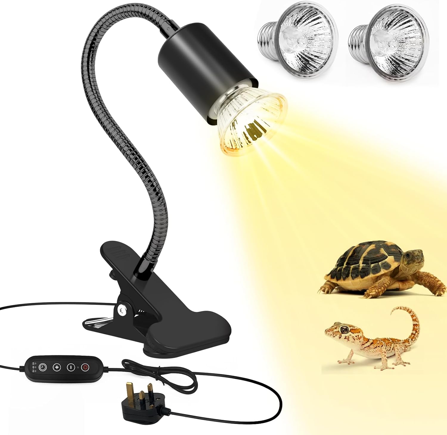 Eyeleaf 360° Rotatable Tortoise Heat Lamp,2 Bulb 25W/75W UVA+UVB-Reptile Heat Lamp with Clamp,Brightness/Heat Control/Timer Fuction,for Turtles Snakes Lizards Frog