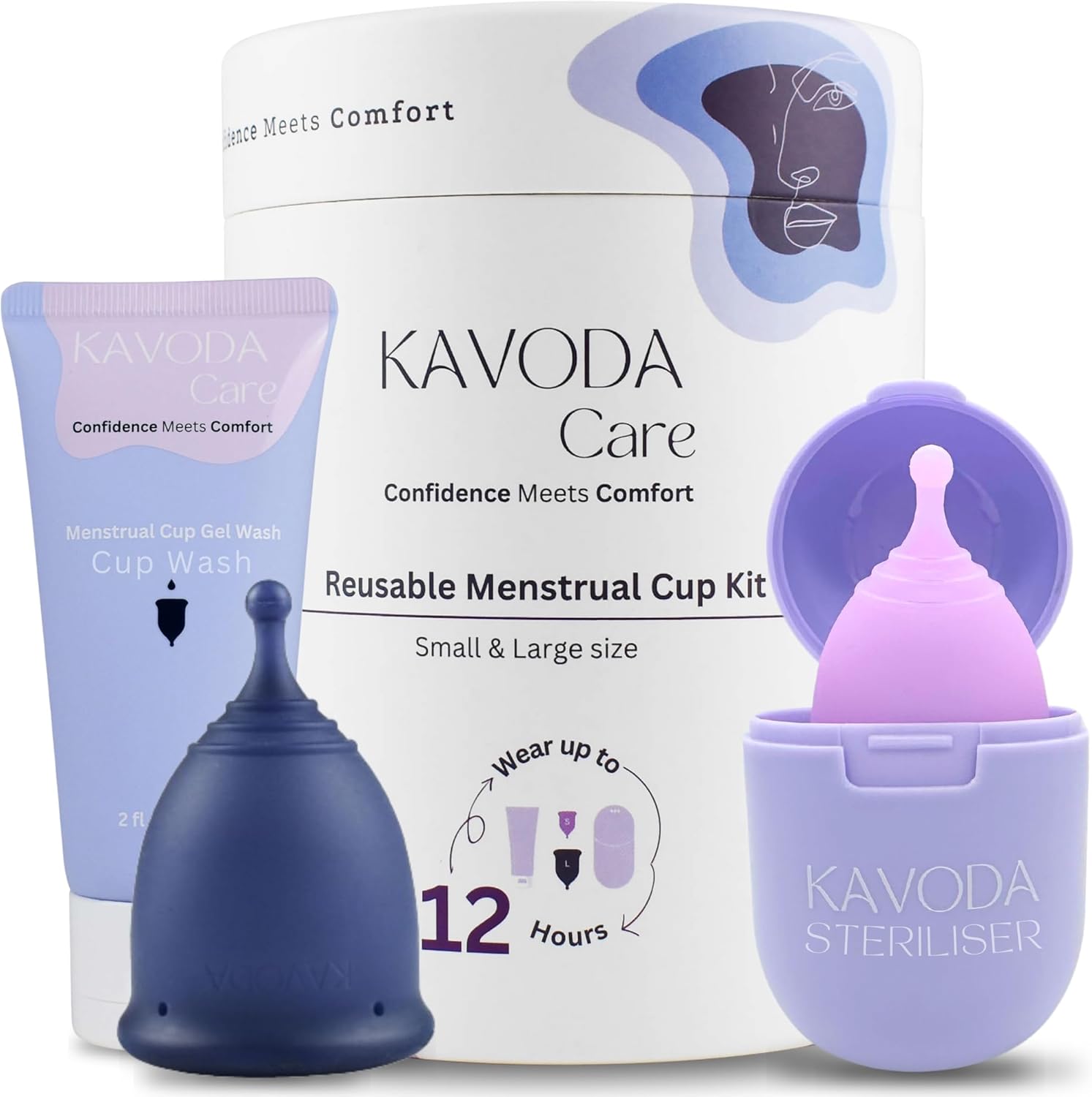 KAVODA Menstrual Cups with Sterilising Cup & Gel Wash - Reusable, Easy to Use, Pack of 2 in Small & Large Size