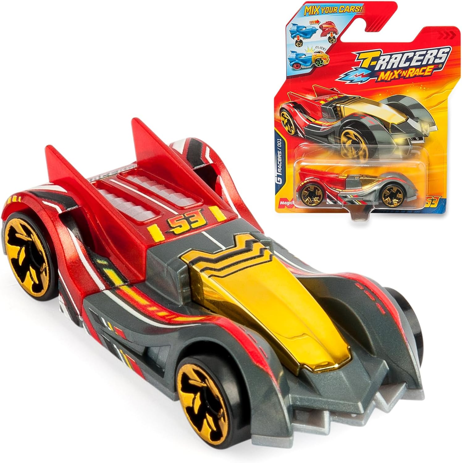 T-RACERS Mix´N Race – Surprise collectible car. Each car can be split in two with interchangeable parts and wheels