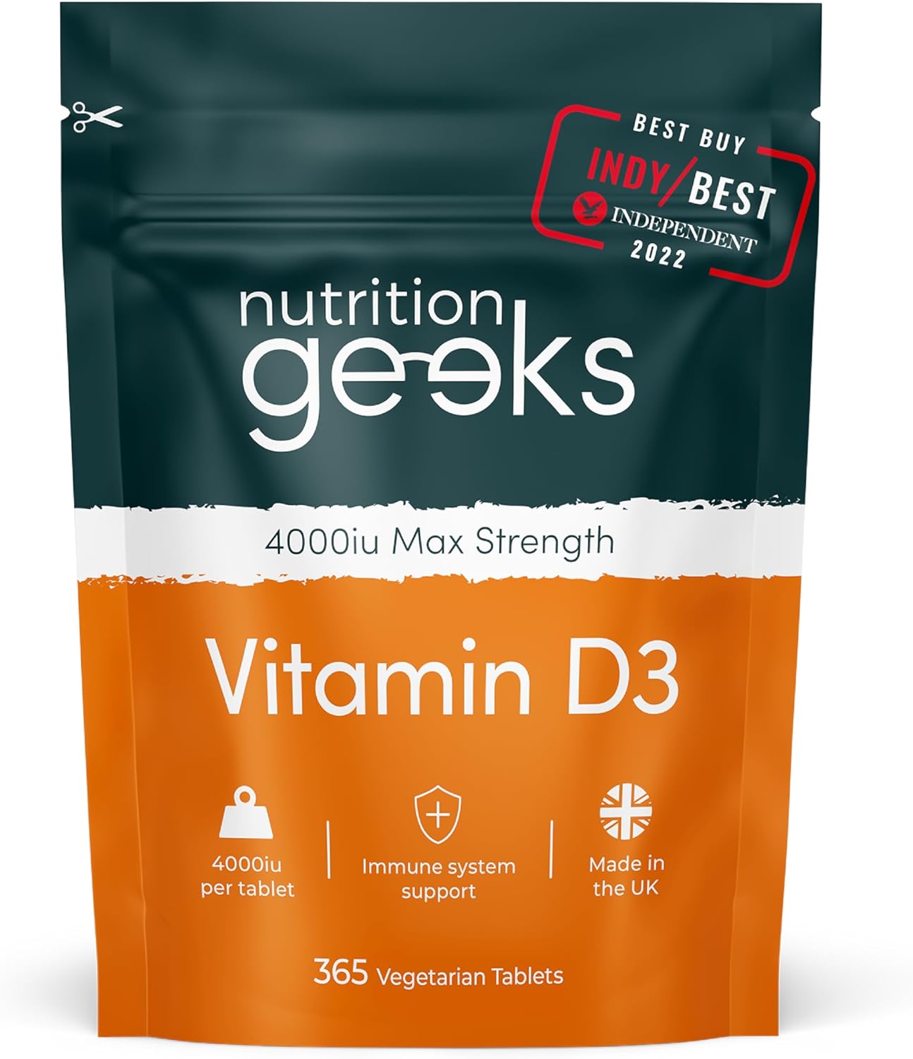 Nutrition Geeks, Vitamin D 4000 iu - 1 Year Supply, 365 Easy-Swallow Tablets Vegetarian D3 iu, High Strength Supplet UK Made VIT & Vitamins Awarded by The Independent