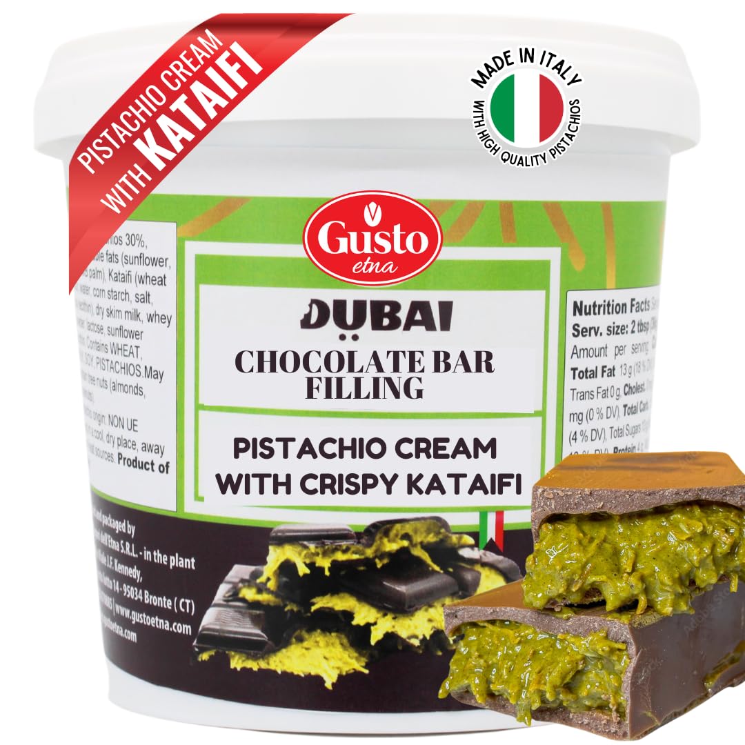 GUSTO ETNA Dubai Pistachio Chocolate Bar Filling- Pistachio Cream with Crispy Kataifi – Premium Crunchy Spread for Gourmet Dessert Spread, 35 oz (1kg), Product of Italy