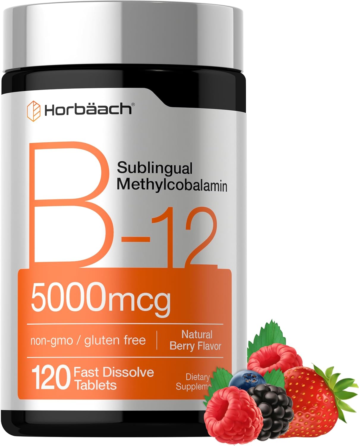 Horbäach B12 Vitamin 5000 mcg | 120 Fast Dissolve Tablets | Sublingual Methylcobalamin | Natural Berry Flavor | Vegan, Non-GMO & Gluten Free Supplement