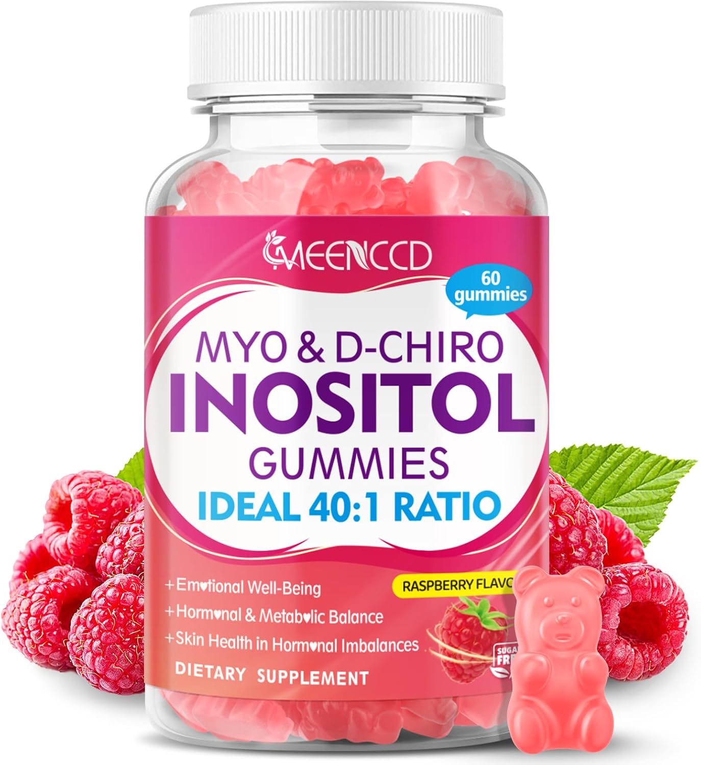 Myo-Inositol & D-Chiro Inositol Gummies, 40:1 Ratio Inositol with Vitamin D3, Magnesium Glycinate, Folate & Zinc, Inositol Supplement for Female Health & Wellness, Raspberry Flavor, 60 Count