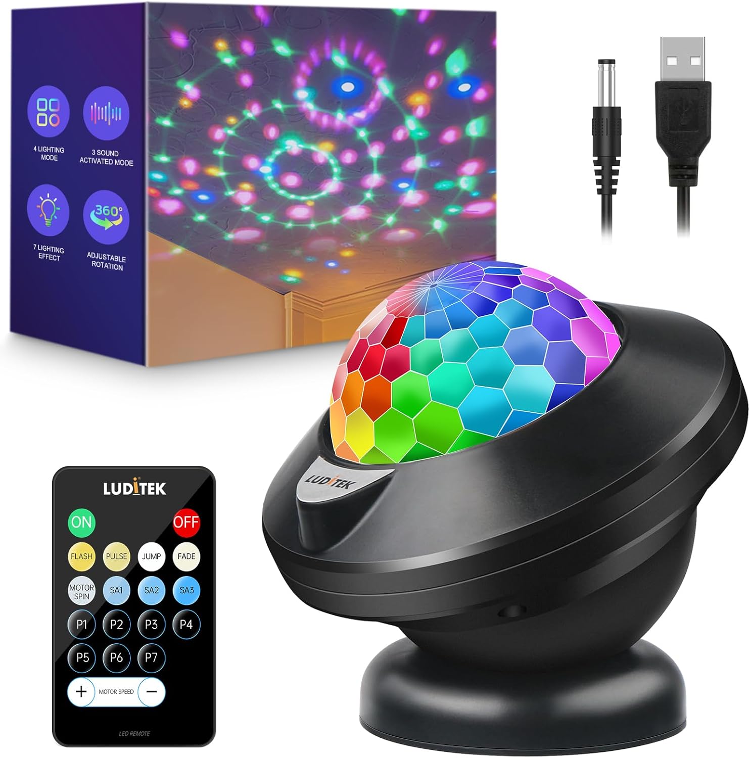 Luditek Disco Party Lights Sound Activated USB Strobe Lights for Party Decorations, Birthday, Halloween, Christmas, Indoor Room Dance Karaoke Light Glow in The Dark Toys Kids Gifts, Party Supplies