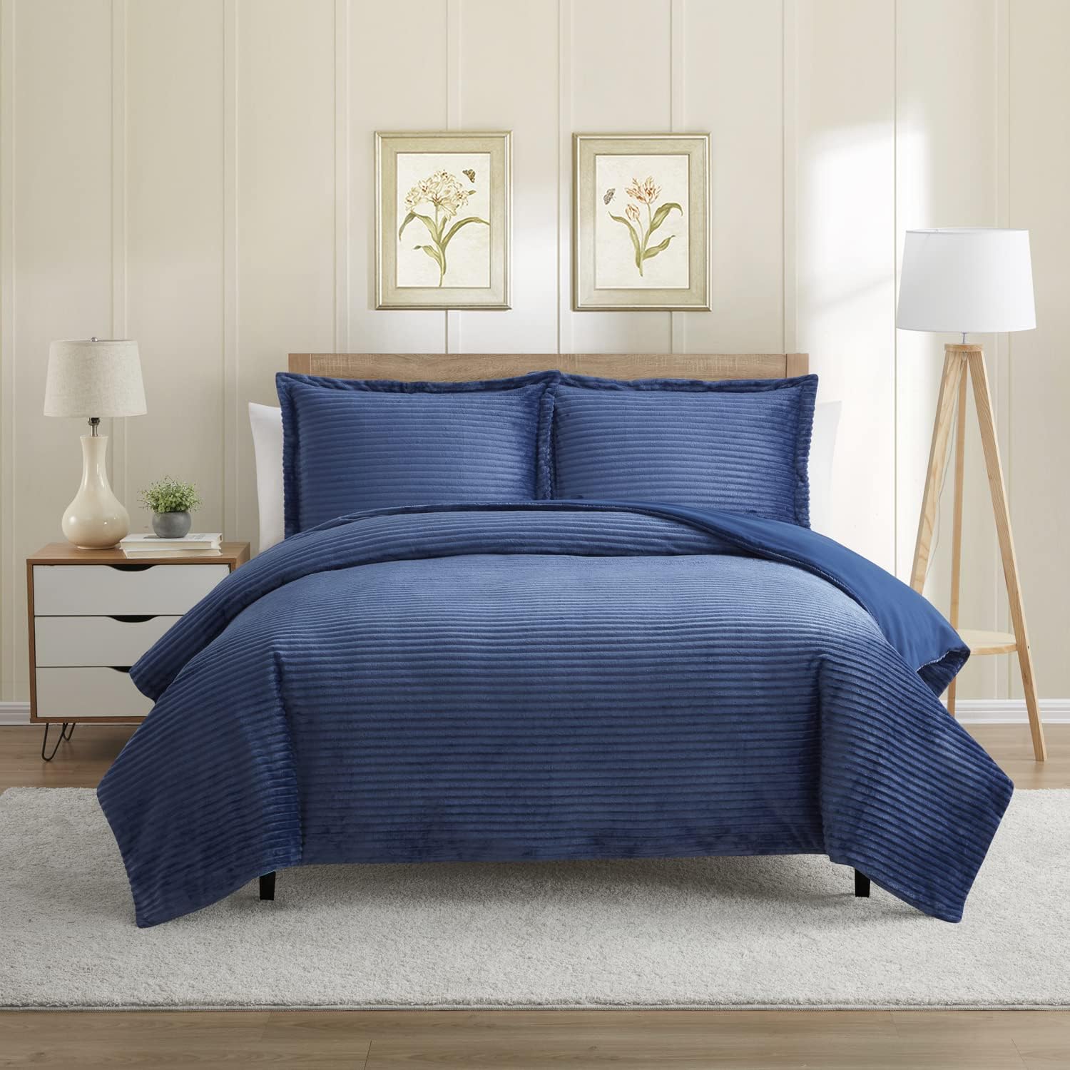 Nestl Premium Flannel Duvet Cover Set - 3 PC Reversible Full Comforter Cover Set with Microfiber Back - 1 Velvet Duvet Cover Full with Zipper Closure & 2 Pillow Shams 80 x 90 inches - Navy Blue