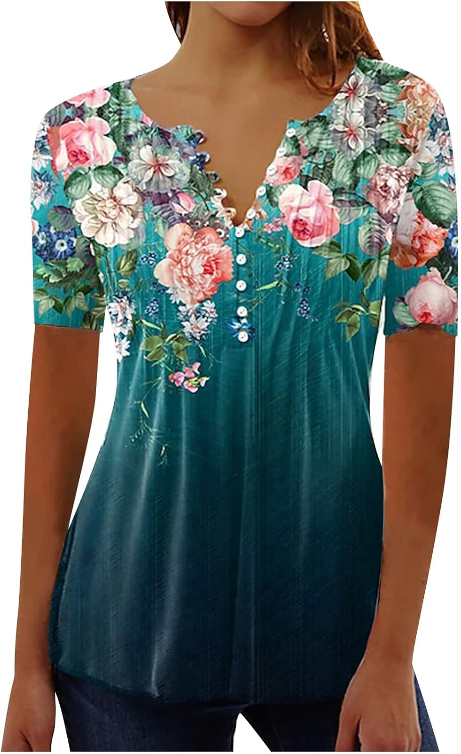 Summer Tops for Women 2024 Trendy Boho Floral Print Tunic Shirts Short Sleeve Button v Neck Tshirt Casual Loose Blouse