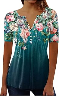 Summer Tops for Women 2024 Trendy Boho Floral Print Tunic Shirts Short Sleeve Button v Neck Tshirt Casual Loose Blouse