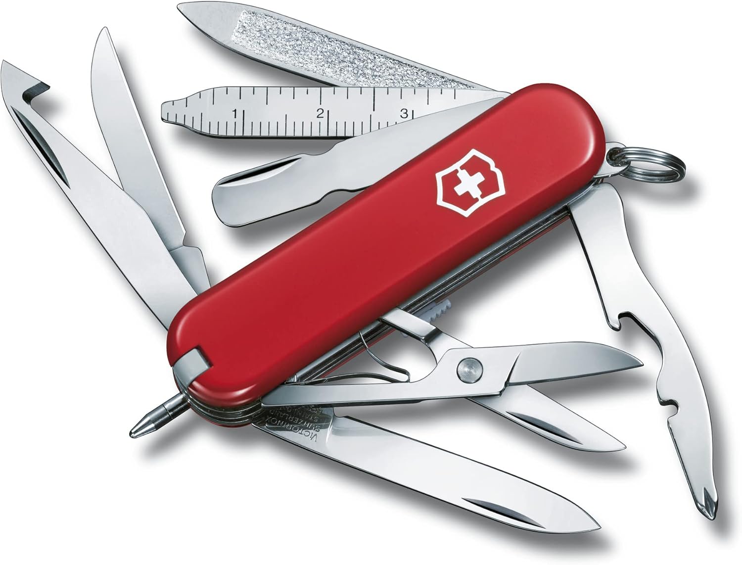Victorinox Mini Champ Swiss Army Knife, Compact, 18 Functions, Swiss Made Pocket Knife with Orange Peeler, Cuticle Pusher and Small Blade - Red