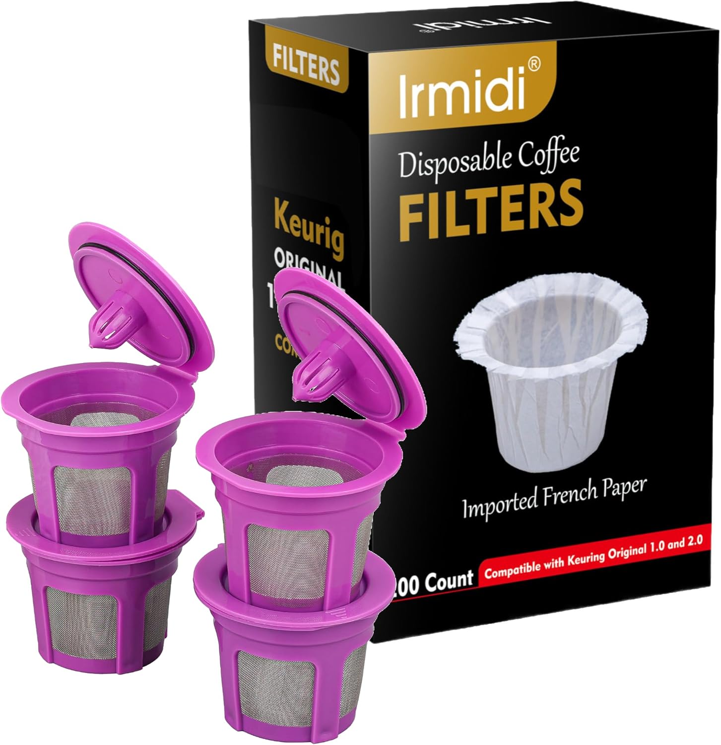 100 Count Disposable Coffee Filters with 4 Pack Reusable K Cup Coffee Pods,Compatible with Keurig Single Serve 1.0 and 2.0