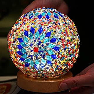 Turkish Table lamp (D:4.7" x H:5.2"),Mosaic Glass Lamps with Wooden Base, Bohemian Tiffany Bedside Lamps, USB Power Moroccan Lantern for Living Room Decorations (Boho - Blue, Boho)