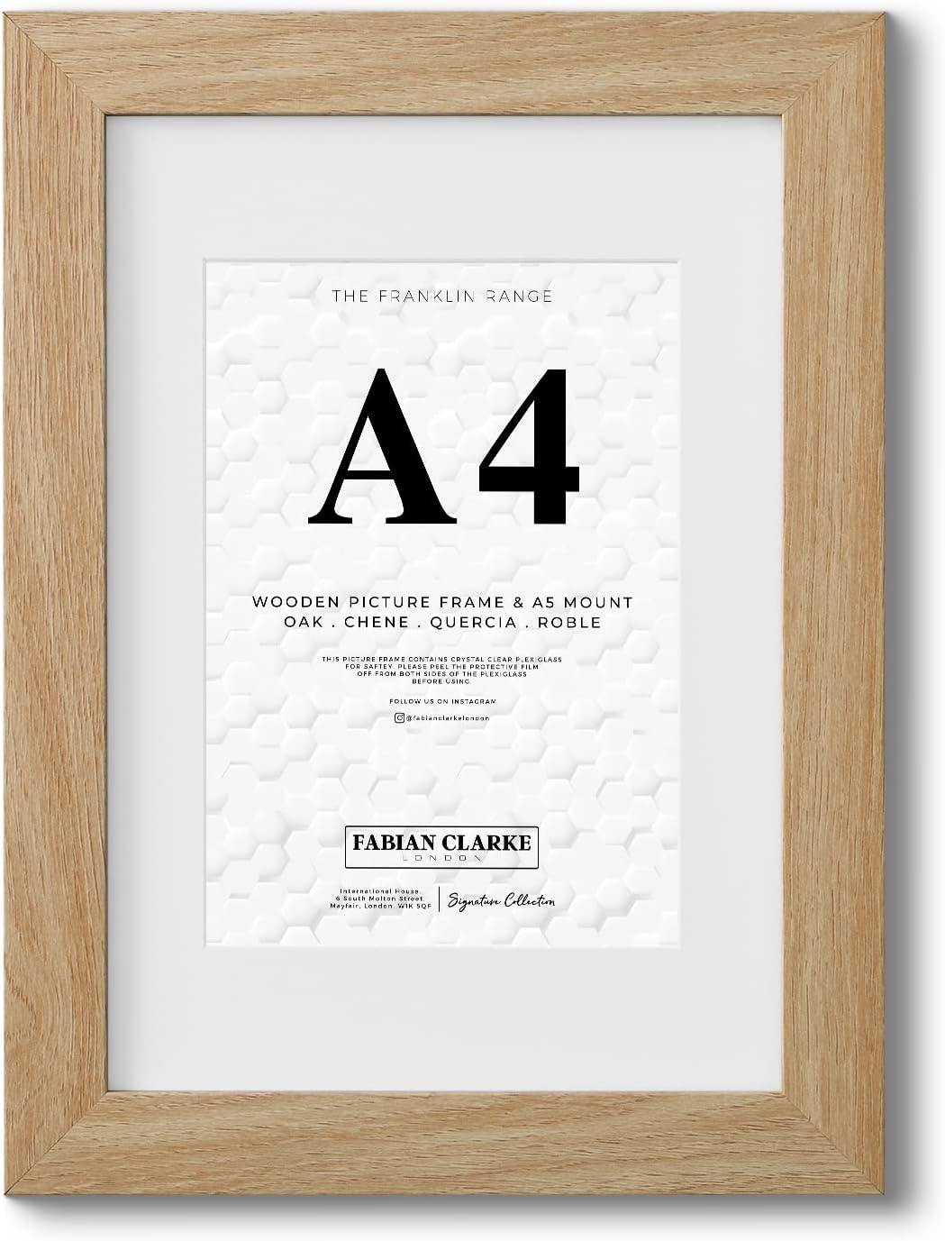 Fabian Clarke London® A4 Modern Oak Wooden Picture Photo Frame For Certificate or Noticeboard Poster with White A5 Mount to Hang Portrait or Landscape