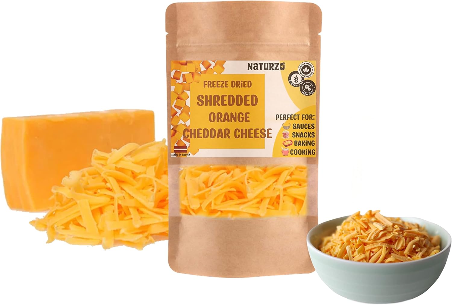 Freeze dried Shredded Orange Cheddar cheese Keto friendly Sugar free for snacking popcorn sauces nacho or pets long shelf life (40g)