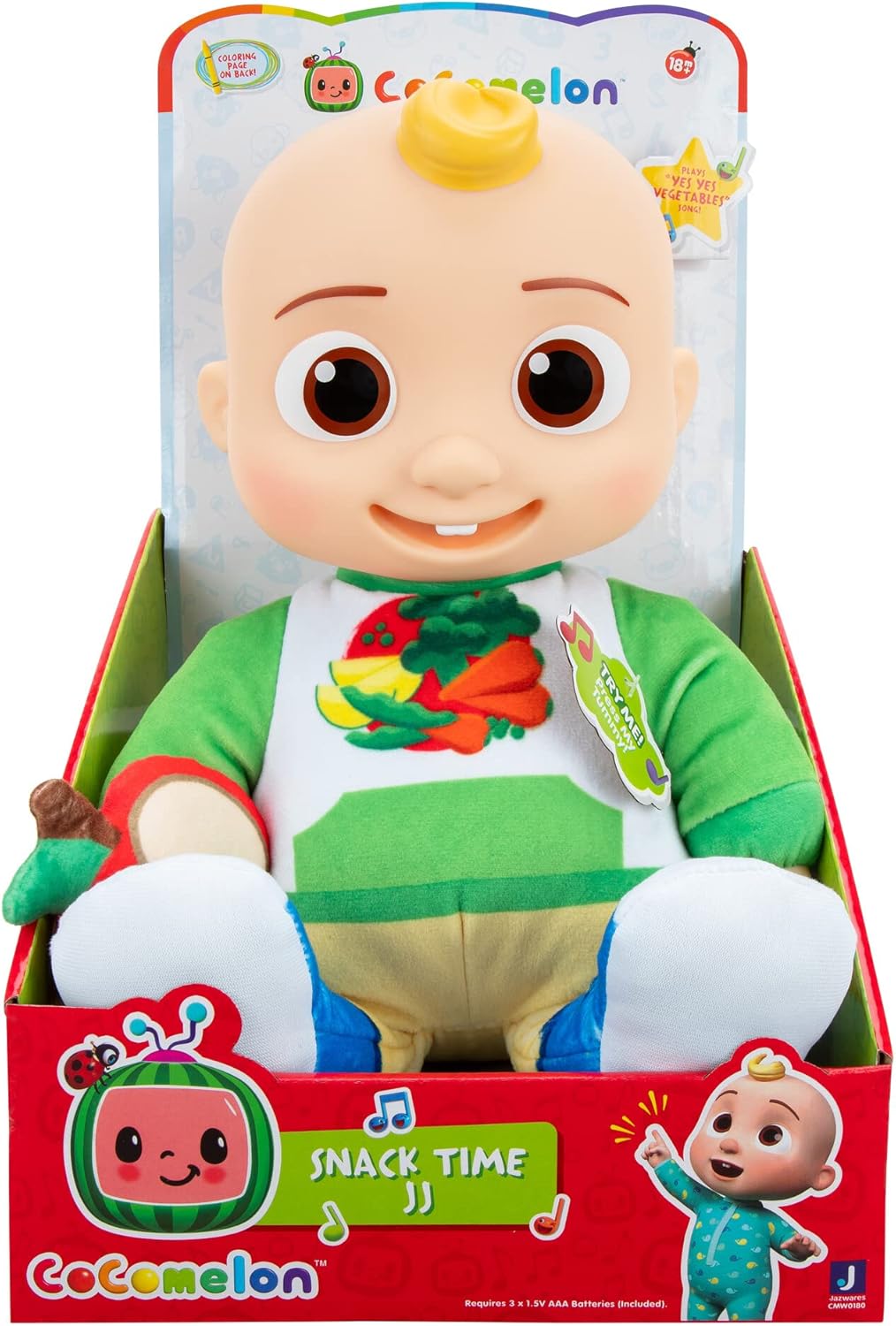 CoComelon Snack Time Features JJ Doll with Red Apple Plush - Plays Sounds, Phrases, and Clips of ‘Yes Yes Vegetables Song’ - Toys for Kids, Toddlers and Preschoolers