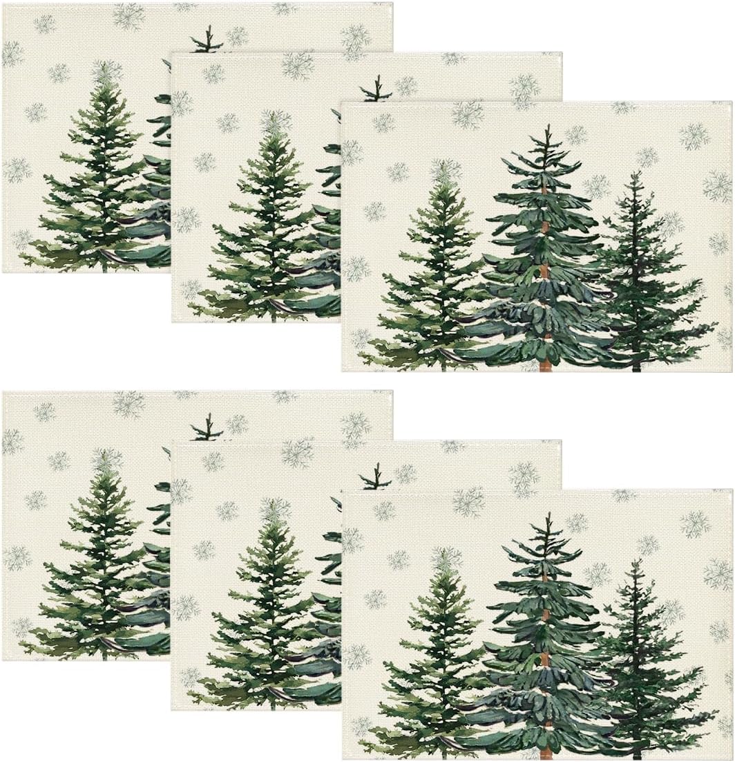 Artoid Mode Pine Trees Snowflakes Christmas Placemats Set of 6, 30 x 45cm Seasonal Winter Xmas Holiday Vintage Washable Table Mats