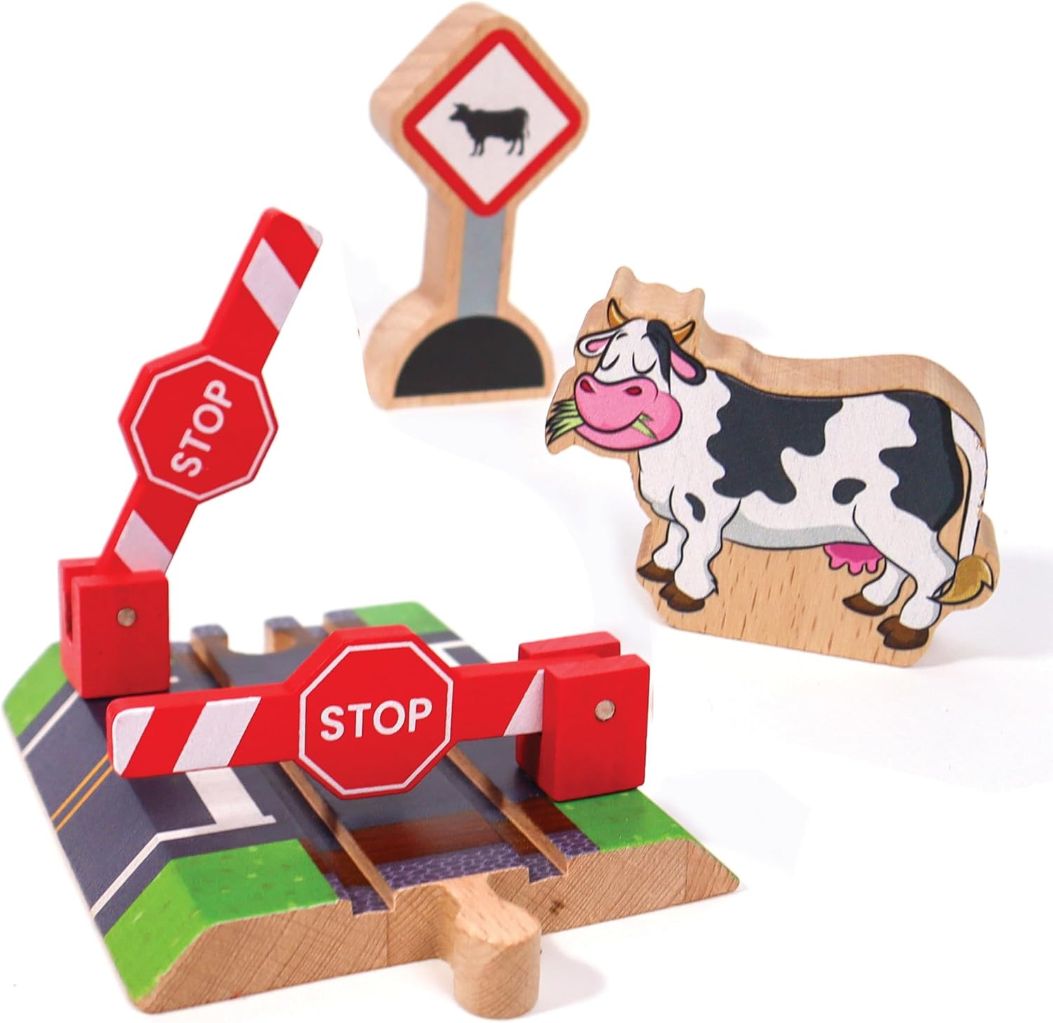 Wooden Railroad Crossing - 3 Piece Set: Rail Road Signal Gate, Wooden Sign, Cow - Compatible with All Major Train Brands - Railroad Toy Train Track Accessories - Zany Trains - Train Track