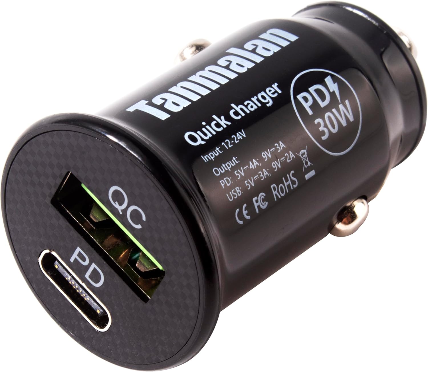 Fast Charging-Mini Design-Tanmalan Quick Car Charger,PD + QC,Mini Design Black,5V 4A,