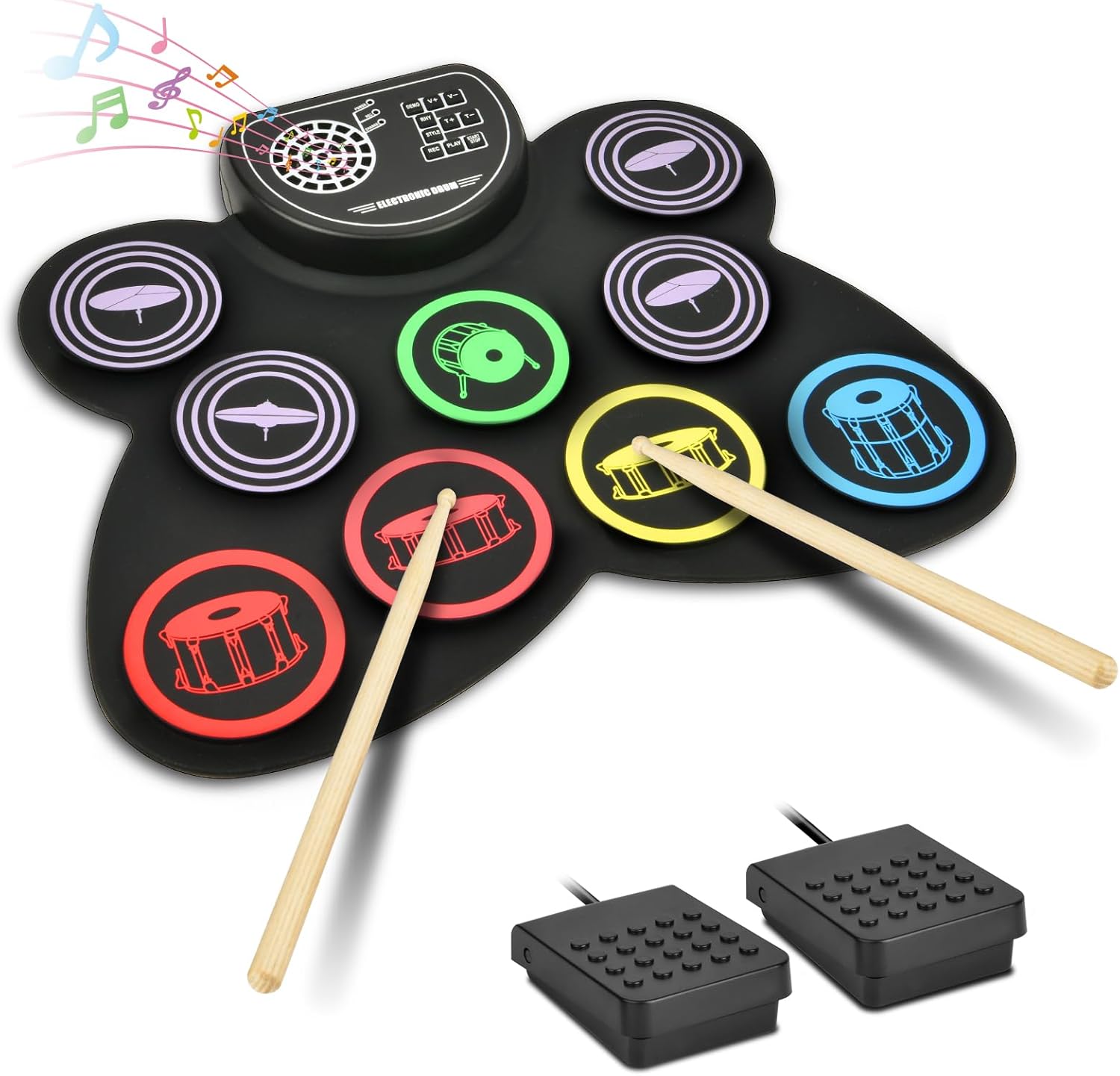 OFFCUP Electronic Drum Kit, 9 Drum Pad Electronic Drum Set, Portable Roll-Up Drum Pad Silicone Electronic Drum Set with Build-in Stereo Speakers, Great Birthday Gifts for Kids