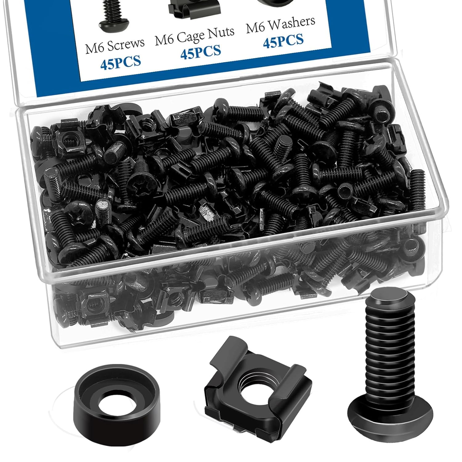 45 Pack M6 x 16mm Rack Mount Screws,Cage Nuts for Rack Mount Server Shelves,Routers,Rack Mount Server Cabinet.Server Rack Screws,Square Insert Nuts and Washers with Box